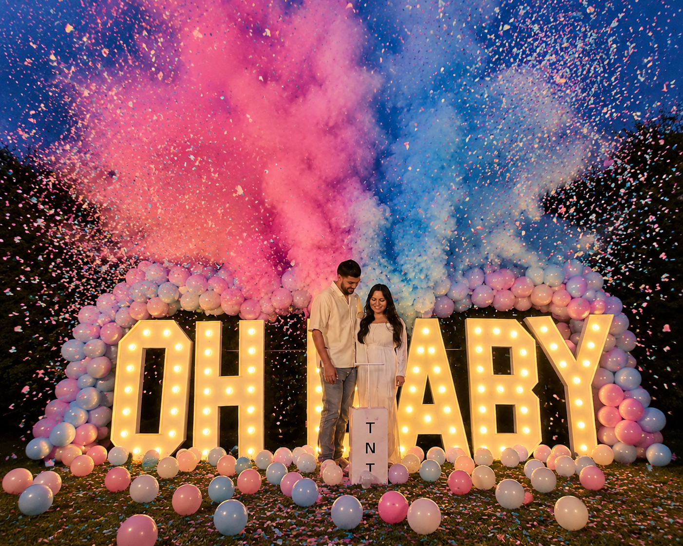 Expecting parents celebrating in front of illuminated OH BABY marquee letters with a pink and blue powder reveal burst and balloon garland